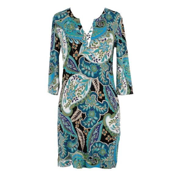 Banana Republic Sz XS Blue Green Black V Neck Mid Sleeve Polyester Spandex Dress - Picture 1 of 4